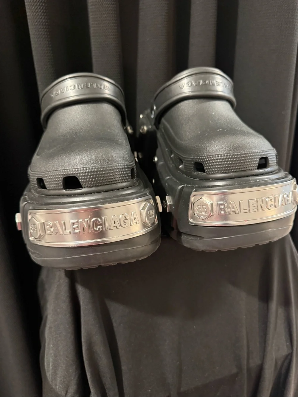 Balenciaga Black Platform Slip-On Clogs with Metallic Accents